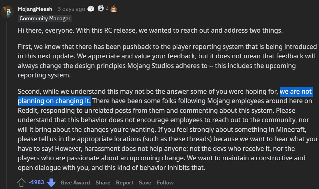 TheMisterEpicYT's tweet photo. Mojang are clearly aware of all the drama/pushback surrounding minecraft 1.19.1. So much for "we want your feedback"...

#saveminecraft https://t.co/T7zGZDzKT4