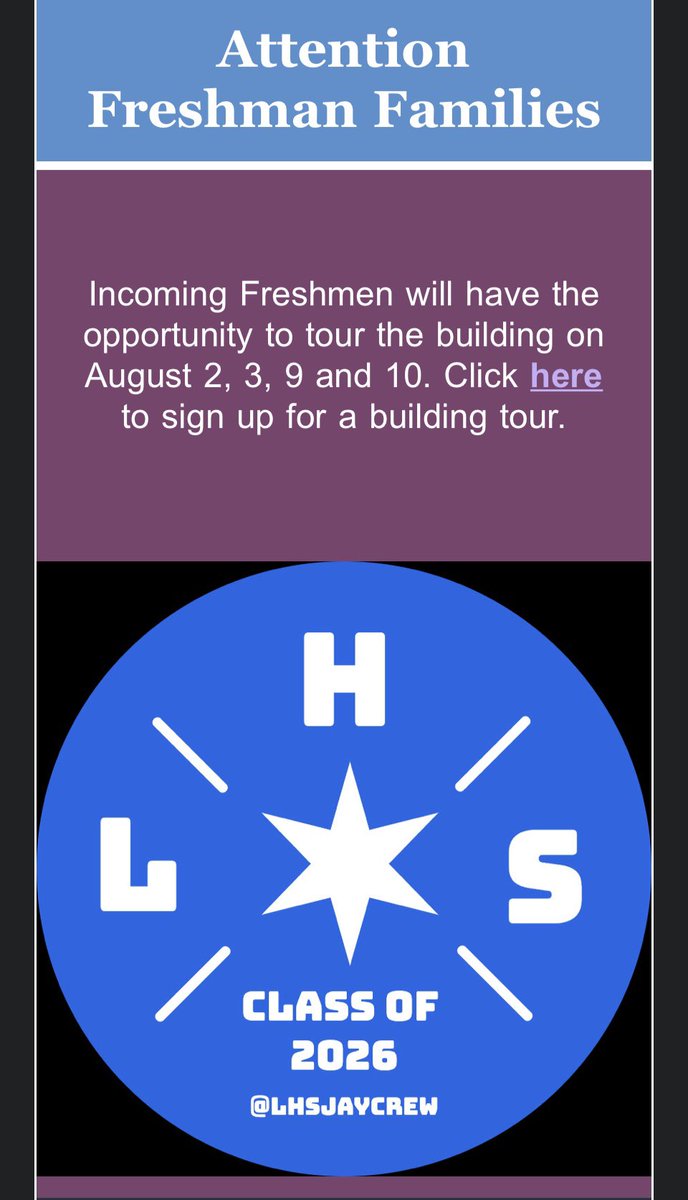 LHSJayCrew's tweet photo. @LHSJAYS Class of 2026! Don’t forget to check your email for the most recent newsletter with freshmen transition information! Can’t wait to see you in August🙌 https://t.co/HESBIMxB3L
