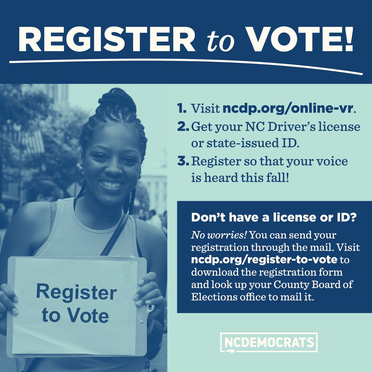 Were you convicted of a felony &amp; want to register to vote after having your voting rights restored? Here's how:
 
1. Head over to buff.ly/3Q0dIRv
2. Get your NC Driver’s license or state-issued ID
3. Register so that your voice is heard this fall
#vote