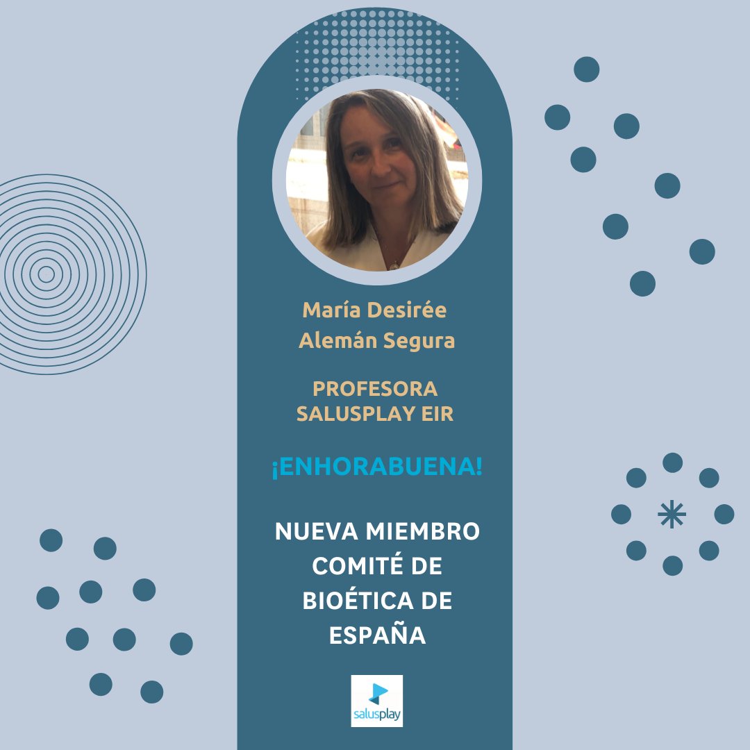 salusplay's tweet photo. 🥰SalusPlay tiene el gran honor, de tener entre sus profesores del EIR a María Desirée Alemán Segura.
👏Recientemente nombrada como miembro del Comité de Bioética de España.
❗️Nuestra más sincera Enhorabuena @DesireAlemnSeg2 de parte de todo el Equipo SalusPlay❗️💙

#enfermeria https://t.co/wEeqvbcBj1