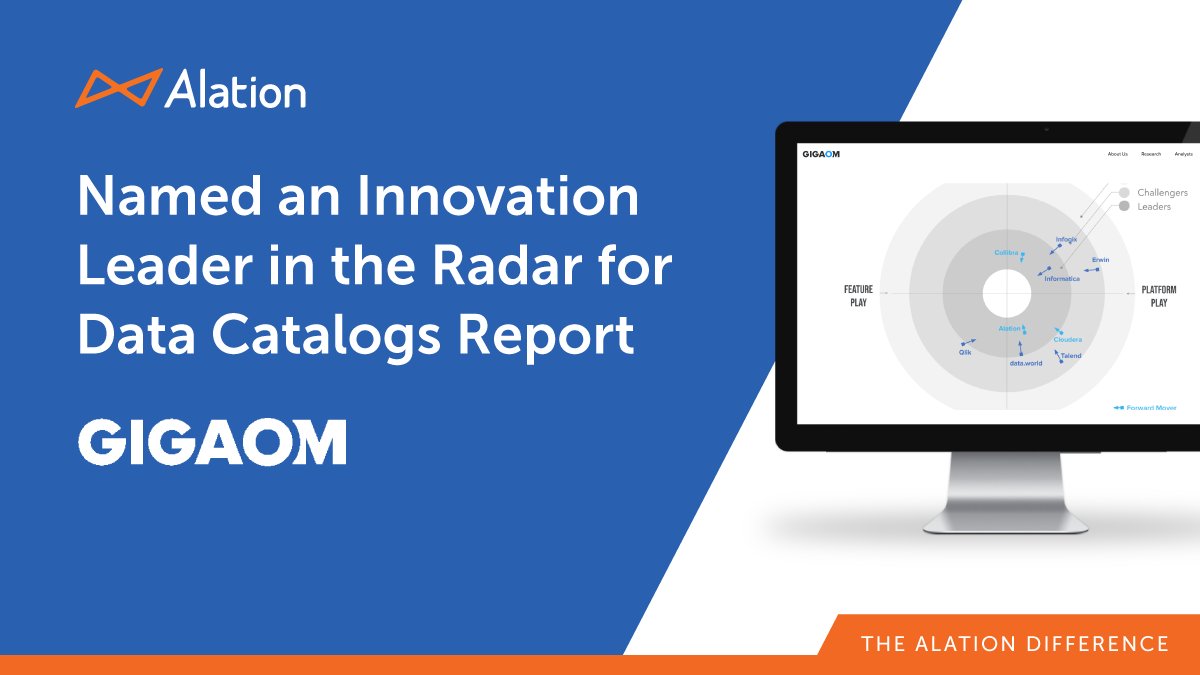 Alation's tweet photo. We're giving ourselves a pat on the back: industry analysts love us π§‘ π₯°
That's why we were named an innovation leader in @gigaom's Radar for Data Catalogs report in 2021! Don't take our word for it: see the #AlationDifference for yourself https://t.co/TB1miMDxNz #DataCatalog https://t.co/Znq1enQJ6m