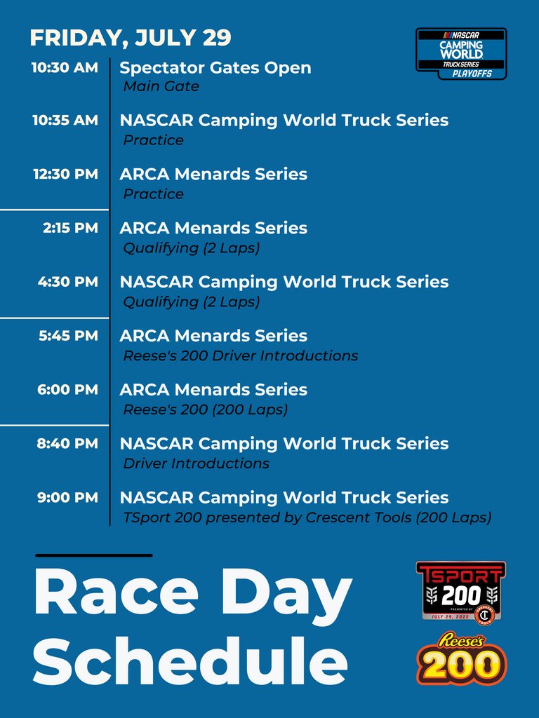 The time has come - gates are officially OPEN for our <a href="/NASCAR_Trucks/">NASCAR CRAFTSMAN Trucks</a>/<a href="/ARCA_Racing/">ARCA Menards Series</a> doubleheader! 💥

Take a look at today's schedule as we kick off a BIG weekend of racing in Indy.

The <a href="/reeses/">REESE'S</a> 200 begins at 6 PM followed by the <a href="/TSportTruck/">TSport Truck</a> 200 pres. by <a href="/CrescentTools/">Crescent</a> at 9 PM! 🔥