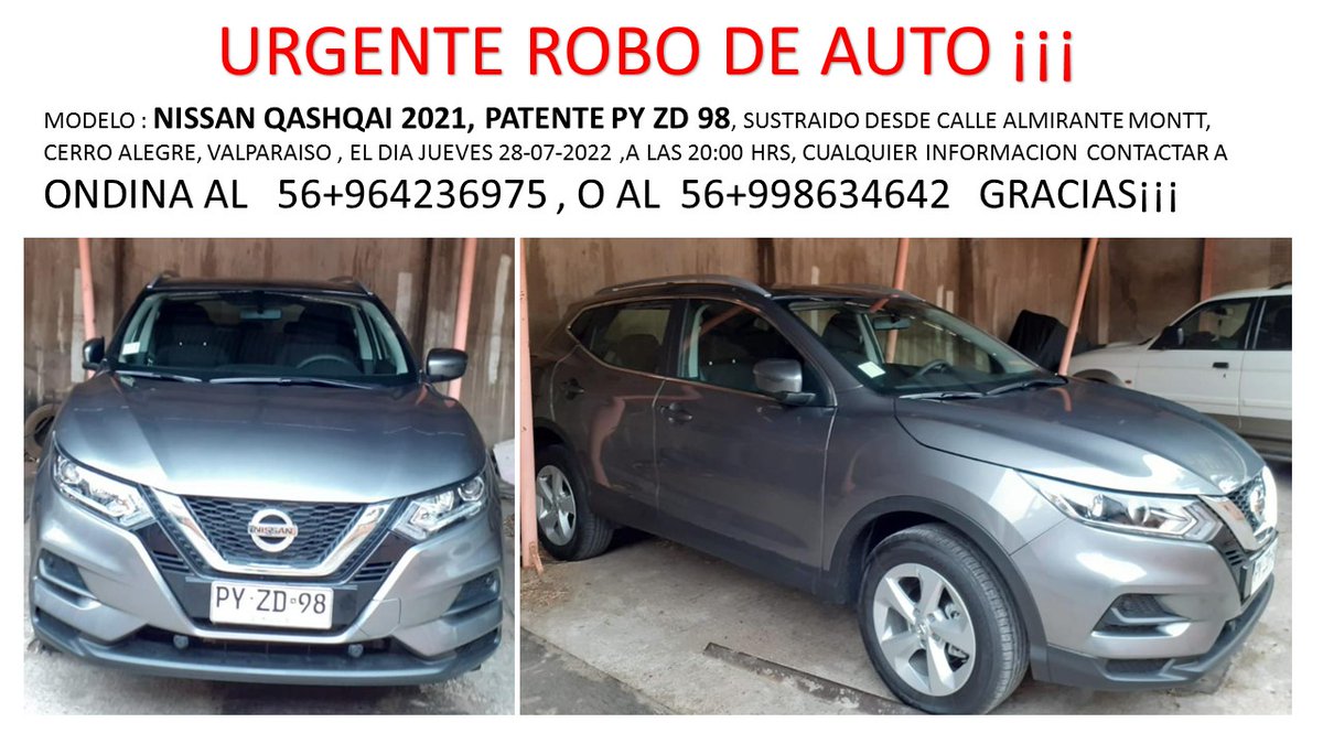 phidalgovalpo's tweet photo. 🔴 URGENTE AUTO ROBADO 🔴

POR FAVOR AYUDEN A ENCONTRAR ESTE AUTO QUE FUE ROBADO EN CERRO ALEGRE. SU DUEÑA ES UNA EX COMPAÑERA DE TRABAJO! 

NADIE ESTA LIBRE DE QUE NO LES PASE! 

Cualquier Dato avisar a los siguientes números de teléfono 

+56964236975 
+56998634642 https://t.co/oIEi48Ogav