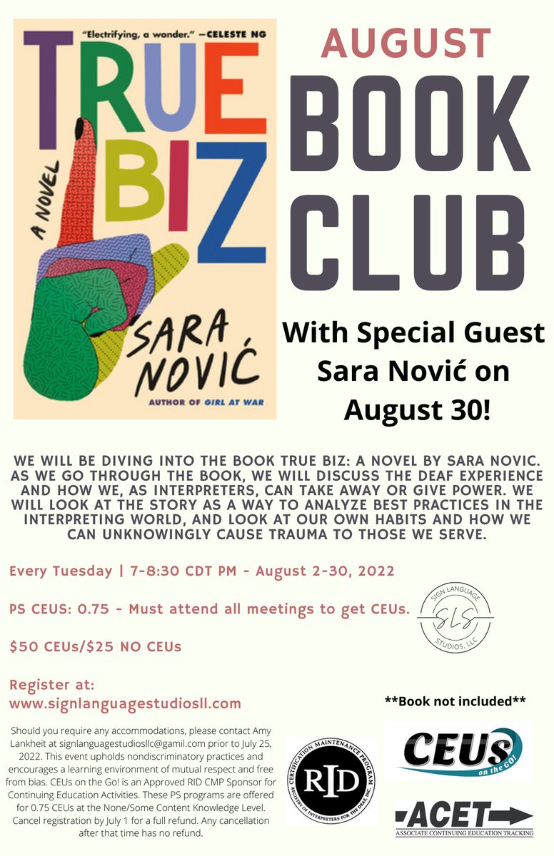 SLSNashville's tweet photo. Starting in a few days! Cannot wait to discuss this book and then having time to discuss it with @NovicSara 

Check out https://t.co/mzbbSqI4l6 for this and more CEU opportunities!

#ASLInterpreter #Interpreterworkshops #CEUopportunity #ASL https://t.co/fHOSmnr7Fs