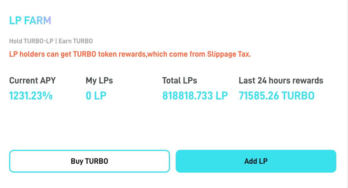 $TURBO #LP Farm APY 1231.23%🚀

Participate in $TURBO #LP and provide #liquidity to win #revenuesharing