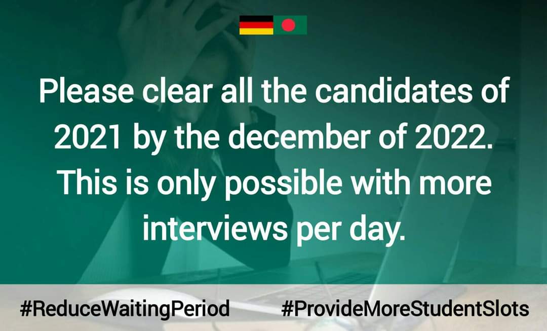 Ron_Sumon's tweet photo. #SpeedUpStudentVisa
Please clear all the candidates of 2021 by the december of 2022. This is only possible with more interviews per day.
@GermanEmbassyBD 
@MdShahriarAlam
H.E.@GerAmbBD
@JRJanowski85
@BDMOFA
@AKAbdulMomen
Reduce Waiting Period
#ProvideMoreStudentSlots https://t.co/WPGBgb89H3