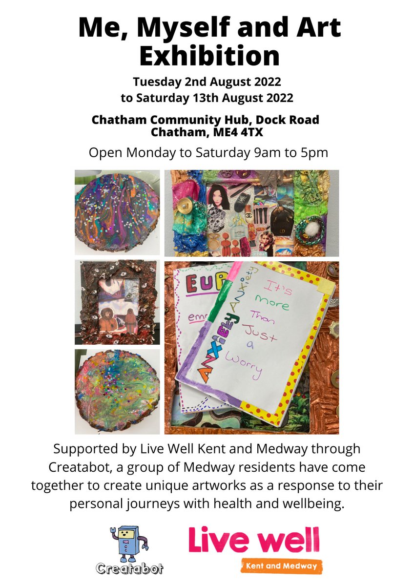 Brought to you by our partners at <a href="/Creatabot_tweet/">Creatabot</a>, the second 'Me, Myself, and Art' exhibition is opening next week at #Chatham Library &amp; Community Hub!

🎨🖌️

#LiveWellKentAndMedway is funded by <a href="/Kent_cc/">Kent County Council</a> &amp; <a href="/NHSKentMedway/">NHS Kent and Medway</a>

#ShawTrust #MentalHealth #Wellbeing #HereForYou