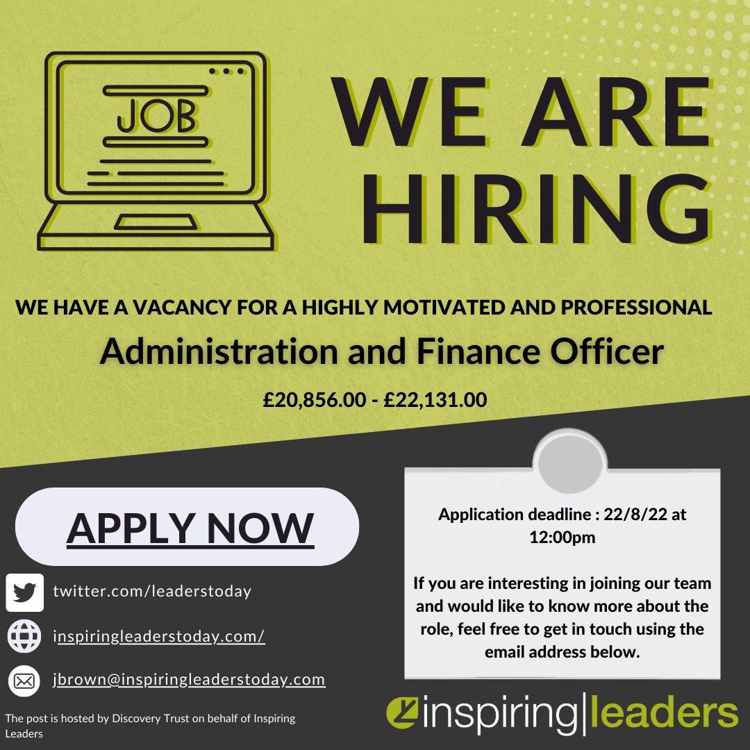 leaderstoday's tweet image. WE ARE RECRUITING

We are looking for highly motivated and professional Administration and Finance Officer to join our team. 

Please share with colleagues, family and friends and get in touch for more info.
inspiringleaderstoday.com/wp-content/upl…

#nottingham #derby #leicester #share #job