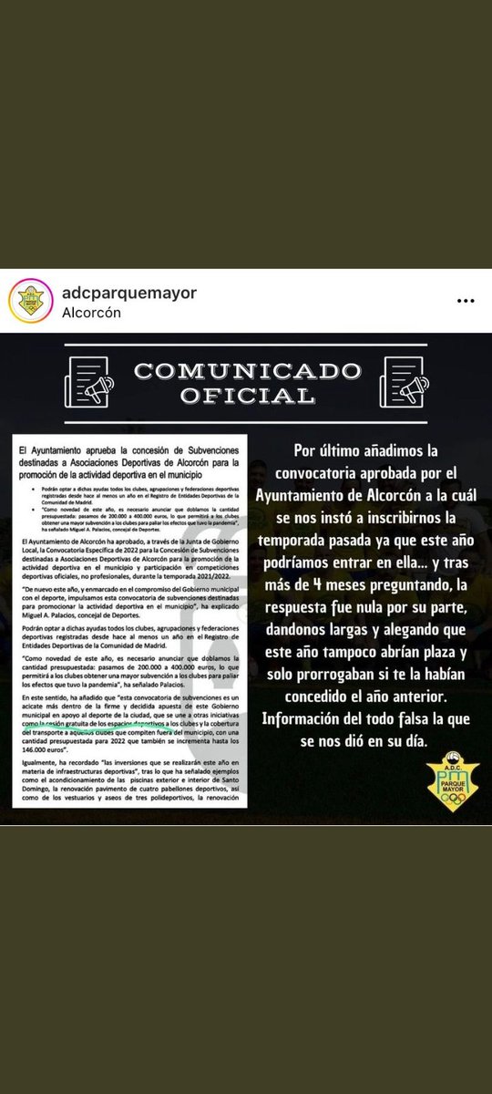 Aquí otro club de #Alcorcón que critica abiertamente la mala gestión de la alcaldesa <a href="/natadeandres/">Natalia de Andres</a> y del concejal de deportes <a href="/mpretamosa/">Miguel Ángel Palacios Retamosa</a>
Los clubes de nuestra ciudad están abandonados y olvidados, y la gestión de las instalaciones deportivas es un desastre.
Urge el cambio.