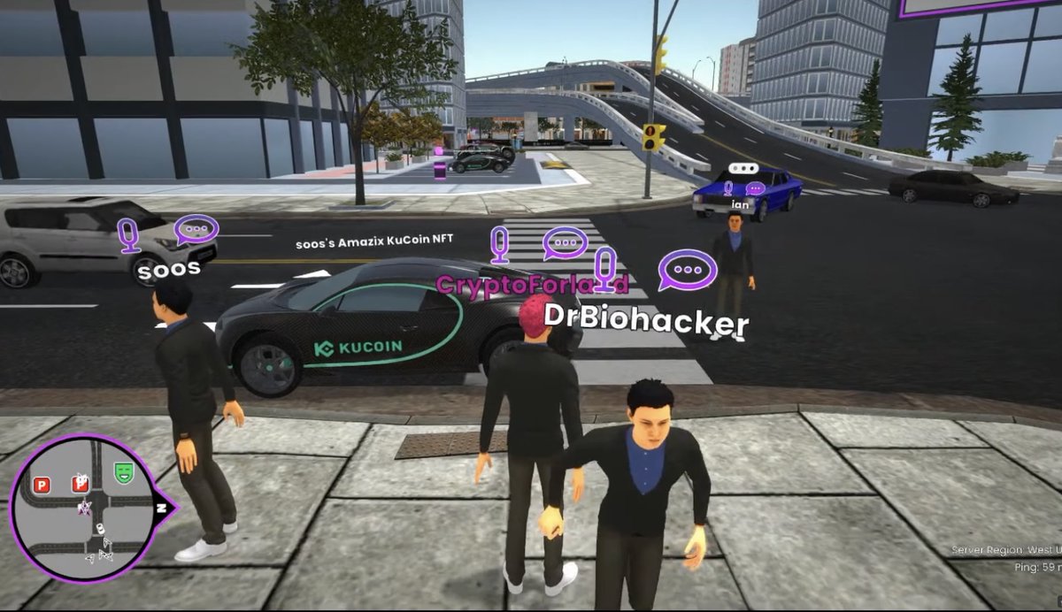 Play Metaverse Games. Ingame image of polkacity player avatars standing in a 3d city with car traffic