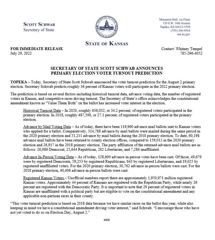 KansasSOS's tweet photo. RELEASE: Secretary of State Scott Schwab Announces Primary Election Voter Turnout Prediction. #ksleg https://t.co/mMOpcIOP7U