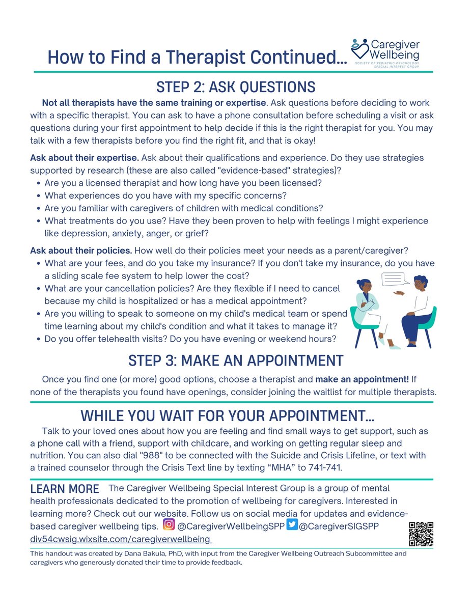 CaregiverSIGSPP's tweet photo. Finding a therapist can be tough, especially while balancing caregiving needs. Our SIG made a how-to guide for parents and caregivers: https://t.co/SyqcjazV5x