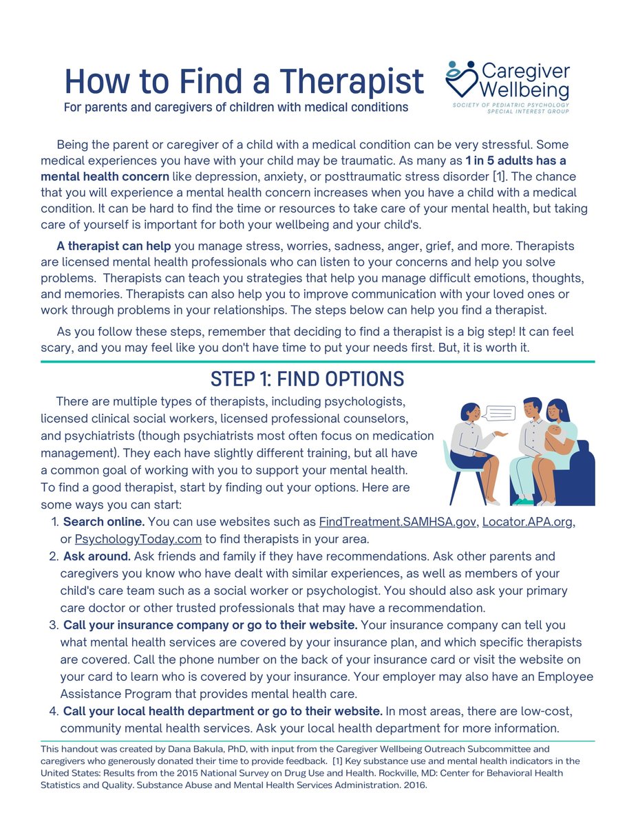 CaregiverSIGSPP's tweet photo. Finding a therapist can be tough, especially while balancing caregiving needs. Our SIG made a how-to guide for parents and caregivers: https://t.co/SyqcjazV5x