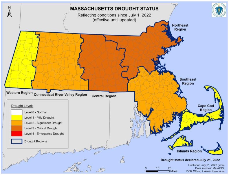 MA Office of Energy and Environment Affairs has declared a Level 3 Drought in the Northeast Region.
Please be mindful of your water usage and stop all non-essential outdoor watering. 
For more information visit: mass.gov/ma-drought-man…