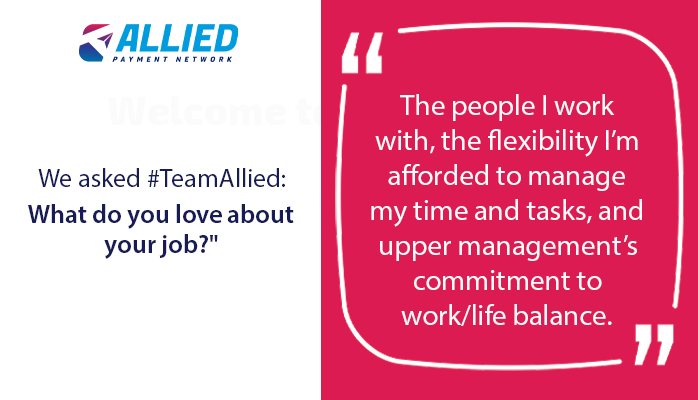 We asked #TeamAllied: What do you love about your job?" Here's what one Allied team member had to say...

Join a growing FinTech company that is consistently ranked "A Best Place to Work"—<a href="/AlliedPayment/">Allied Payment</a> is hiring.