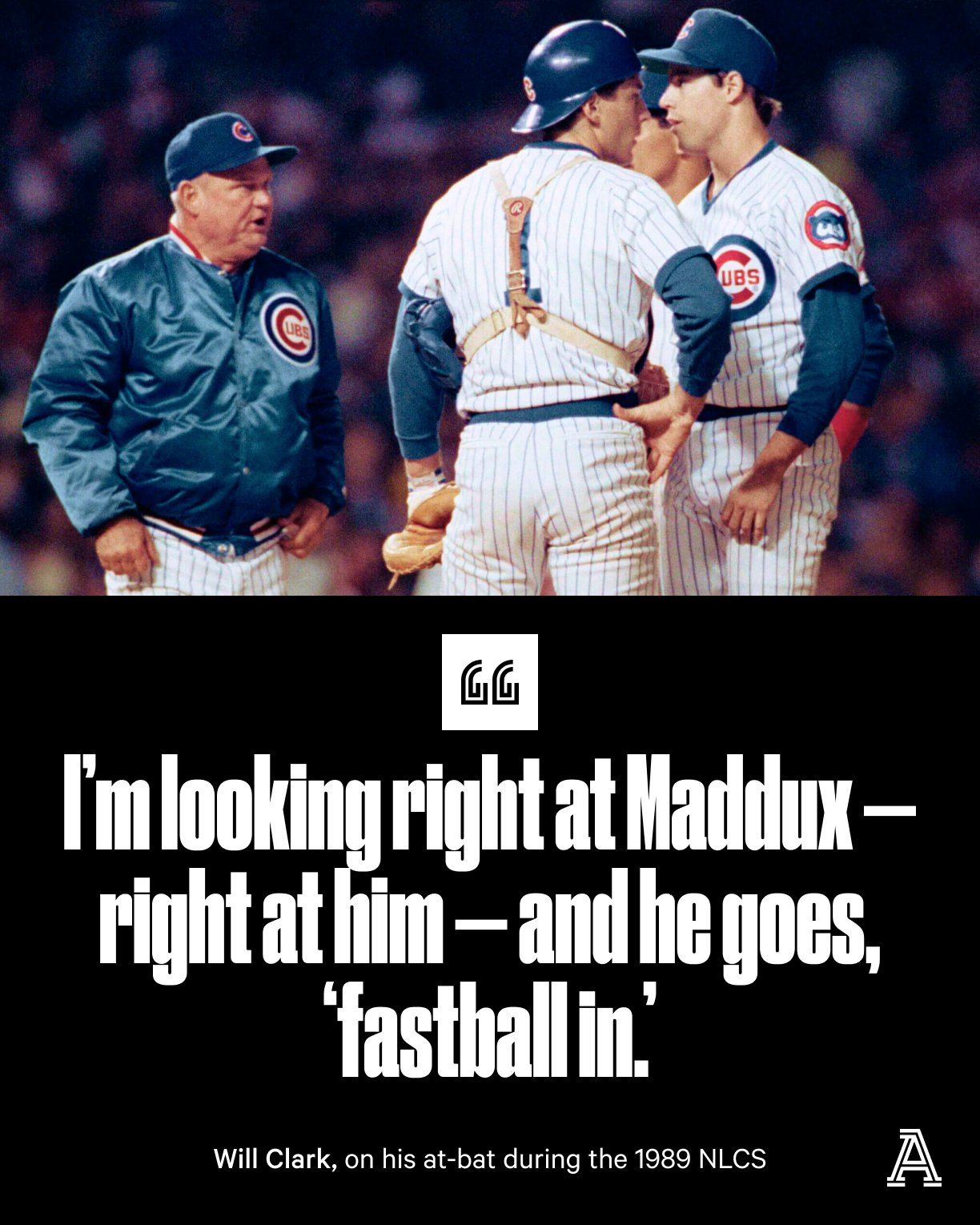 The Athletic on X: Why do pitchers cover their mouths during mound visits?  It just might date back to Will Clark, Greg Maddux and one fateful grand  slam during the 1989 NLCS.
