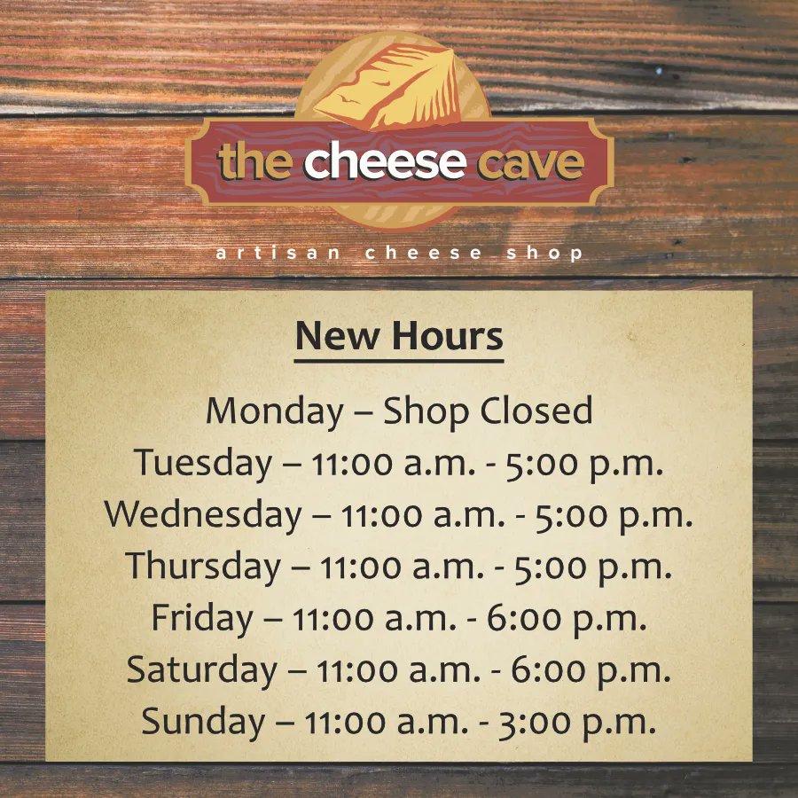 cheesecaveRB's tweet photo. Please note our new store hours effective today.
.
Monday: Closed
Tuesday, Wednesday &amp; Thursday: 11-5
Friday &amp; Saturday: 11-6
Sunday: 11-3
.
#cheese #artisinal #cheeselover #supportlocalbusinesses #njfoodie #redbankeats #redbank #eatlocal #curdnerd https://t.co/c2Ha3PibjV