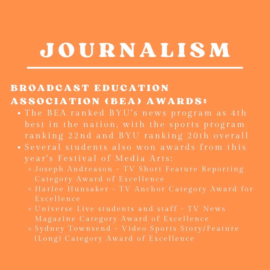 BYUComms's tweet photo. Check out the recent awards from advertising and journalism!
Congratulations to the students who have worked so hard to receive these awards.
#byucomms #commsawards https://t.co/VrvVKSPj1d