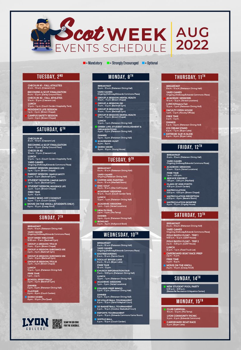 Students! 
Be sure to check out the Scot Week schedule for all of the important dates for your first week back! 
You can also follow the link below for a mobile friendly version, and be sure to check out the final checklist at the top of the page! 
lyon.edu/scot-week-sche…