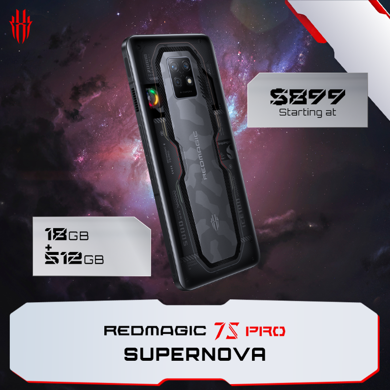 redmagicgaming's tweet photo. Last but not least, our signature REDMAGIC 7 Series design Supernova is back, also sporting a sick camo plate in the middle.

The #REDMAGIC7SPro: Supernova will come with a whopping 18GB of RAM + 512GB of storage and start at $899/€949/£809!