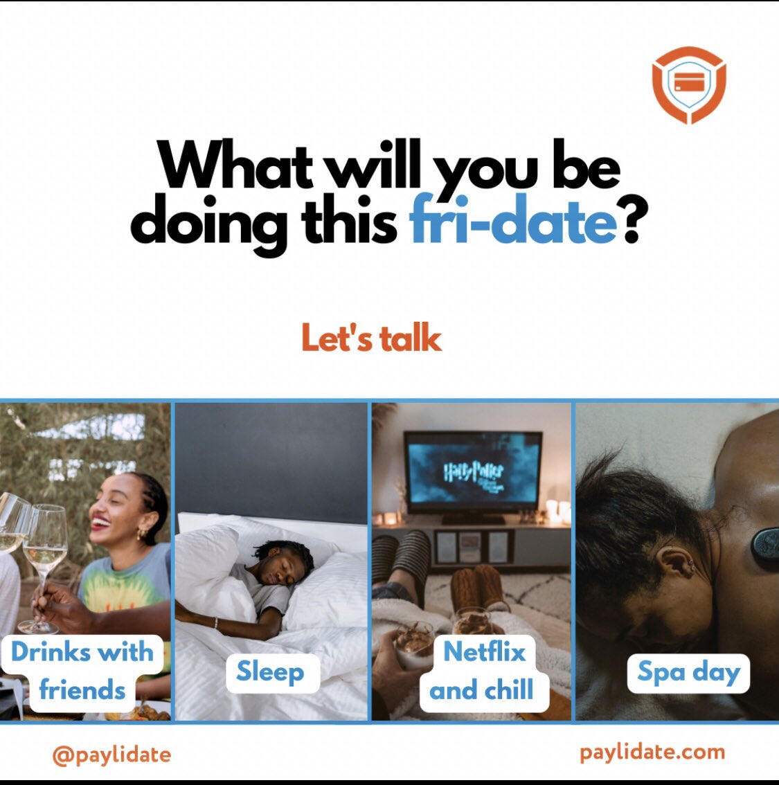 paylidate's tweet photo. The weekend is upon us!💃🏾💃🏾
What will you be doing this FRI-DATE? Let’s talk!!
If it’s not on our list, Fill us in! 
We are here for it🤗
#fridate #Paylidate #Validateyourpayment #Meethalfway https://t.co/XbCWV4Hnqy