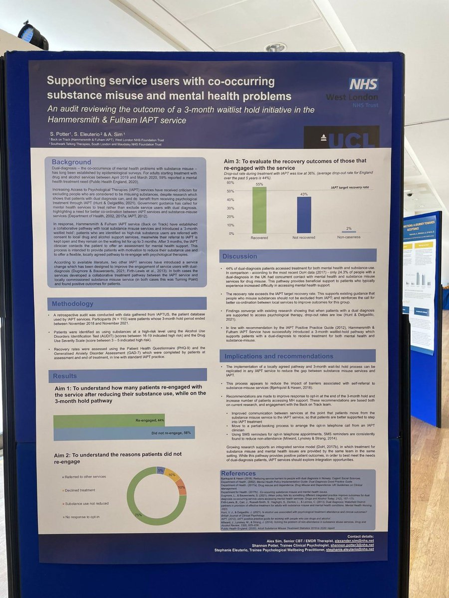 H&F Talking Therapies (formerly Back on Track) (@handftt) on Twitter photo A huge well done to our clinicians Shannon Potter, Stephanie Eleuterio & Alexander Sim, for presenting 3 years of data on our successful drug and alcohol pathway at the #BABCP conference, improving access to support for people managing substance misuse #IAPT <a href="/westlondonnhs/">West London NHS Trust</a> A huge well done to our clinicians Shannon Potter, Stephanie Eleuterio & Alexander Sim, for presenting 3 years of data on our successful drug and alcohol pathway at the #BABCP conference, improving access to support for people managing substance misuse #IAPT <a href="/westlondonnhs/">West London NHS Trust</a>