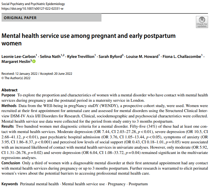 New paper out with colleagues found: Only 1/3 of women with a diagnosable mental disorder at their first antenatal appointment had any contact with mental health services during pregnancy or up to 3 months postpartum link.springer.com/content/pdf/10…