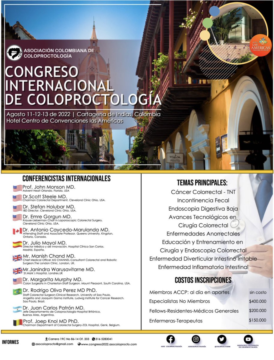 Cada vez queda menos para vernos en el Congreso Internacional de Coloproctologia en Cartagena, Colombia #colorectalsurgery #SoMe4Surgery #some4iqlatam <a href="/me4_so/">SoMe4Surgery</a> <a href="/iq_me4/">SoMe4IQLatAm</a> <a href="/juanreyesmd/">JUAN CARLOS REYES</a>