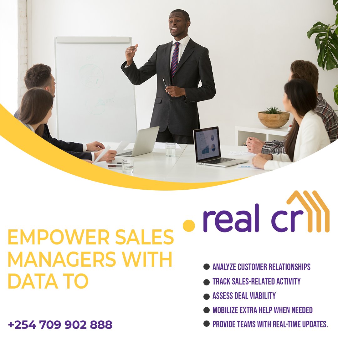 realcrmke's tweet photo. Empower sales managers with data to
i. analyze customer relationships
ii. track sales-related activity
iii. assess deal viability
iv. mobilize extra help when needed
v. provide teams with real-time updates.

#crm #customerloyaty #startup #sales #mobile #nairobi #kenya https://t.co/XRvUp2FPZM