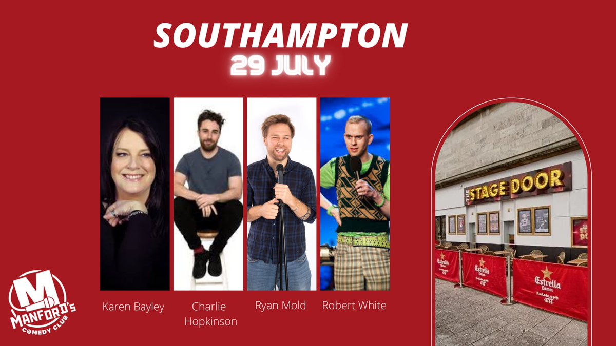 Manford's Comedy Club (@manfordscomedy) on Twitter photo ‼️Only 6 tickets left for tonight's show‼️ at <a href="/TheStageDoorSO/">The Stage Door</a> Last chance to grab one before they go! Expect loads of fun from <a href="/KarenBayley/">Karen Bayley</a> <a href="/c_hopkinson/">Charlie Hopkinson</a> <a href="/RyanMoldComedy/">Ryan Mold</a> <a href="/robertwhitejoke/">Robert White</a>
🎟️manfordscomedyclub.com ‼️Only 6 tickets left for tonight's show‼️ at <a href="/TheStageDoorSO/">The Stage Door</a> Last chance to grab one before they go! Expect loads of fun from <a href="/KarenBayley/">Karen Bayley</a> <a href="/c_hopkinson/">Charlie Hopkinson</a> <a href="/RyanMoldComedy/">Ryan Mold</a> <a href="/robertwhitejoke/">Robert White</a>
🎟️manfordscomedyclub.com