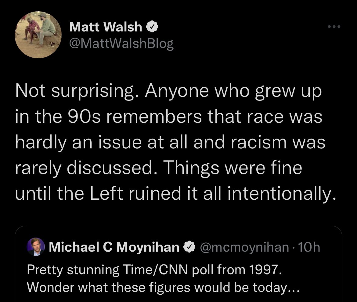 Clearly Matt Walsh ignored all of Spike Lee's filmography. And the LA Riots. And the OJ Simpson trial. And The Fresh Prince of Bel Air. And Anita Hill. And Pigford v Glickman. And the War on Drugs. And Candyman. And Will Smith. And Moesha. And Tyler Perry's plays. And