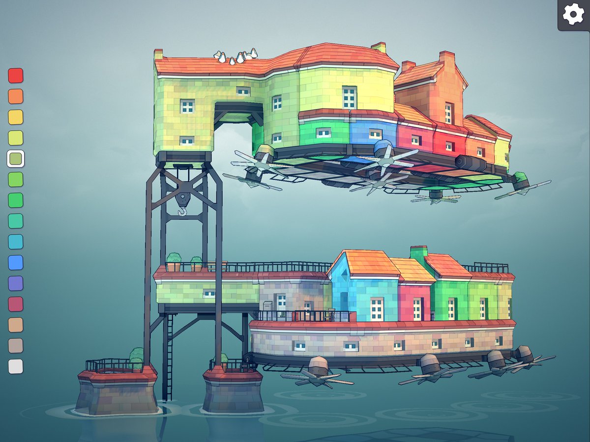 #Townscaper 
The two Hovering Villages might share a Heavy Lift Facility, but there was no way the snobbish Upper Village would install a ladder to allow access from the sea, or the Lower Village.