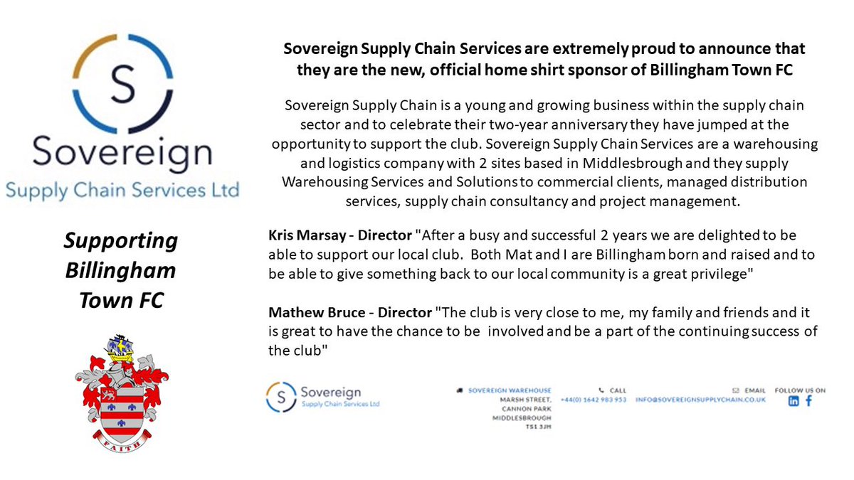 NEW SPONSOR ANNOUNCEMENT:
Billingham Town FC are pleased and proud to announce Sovereign Supply Chain Services as our new, official home shirt sponsor for the 2022/23 season. Welcome aboard and thank you for your sponsorship.