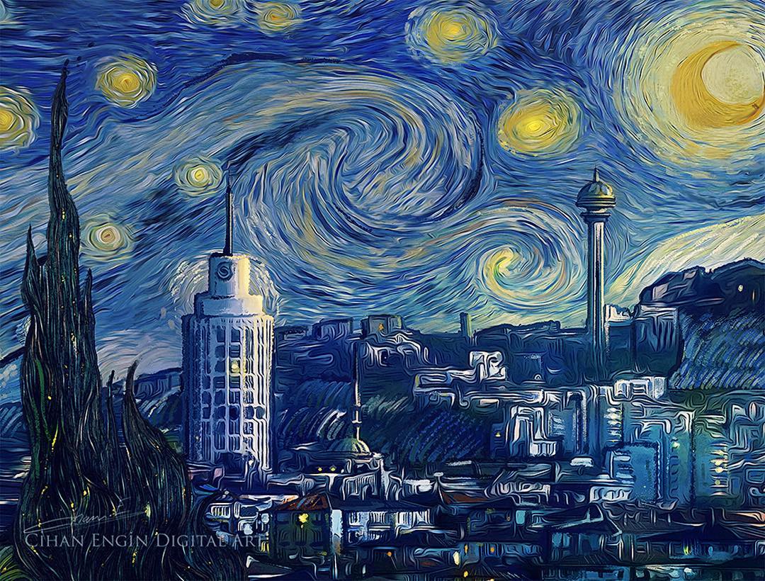 Cihan Engin'in, Van Gogh'un Yıldızlı Gece tablosuna İstanbul ve Ankara yorumu.