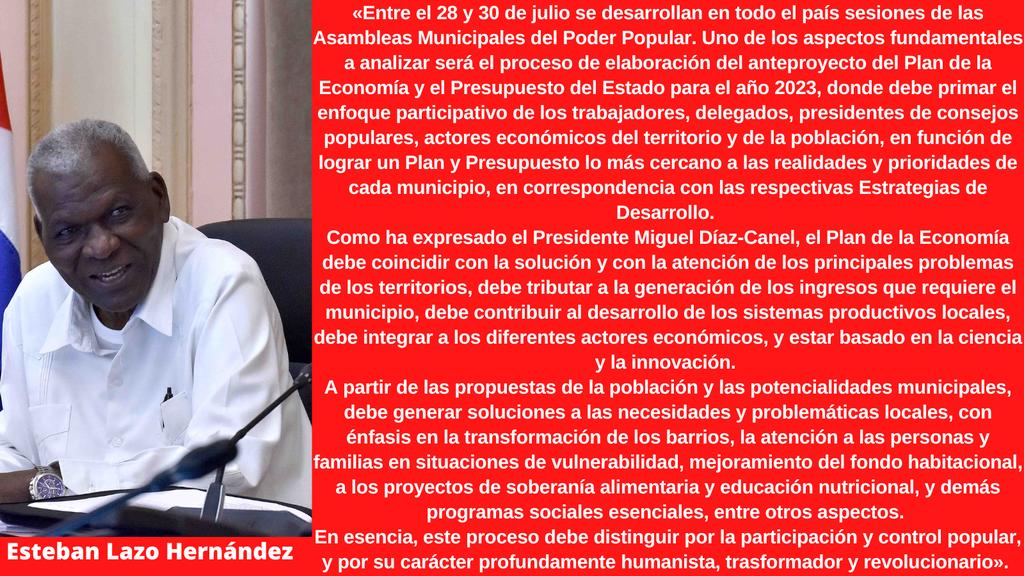 #EstebanLazo, presidente de la Asamblea Nacional del #PoderPopular y del Consejo de Estado de #Cuba🇨🇺

➡️A propósito del proceso de discusión del anteproyecto del Plan de la Economía y el Presupuesto del Estado para el año 2023