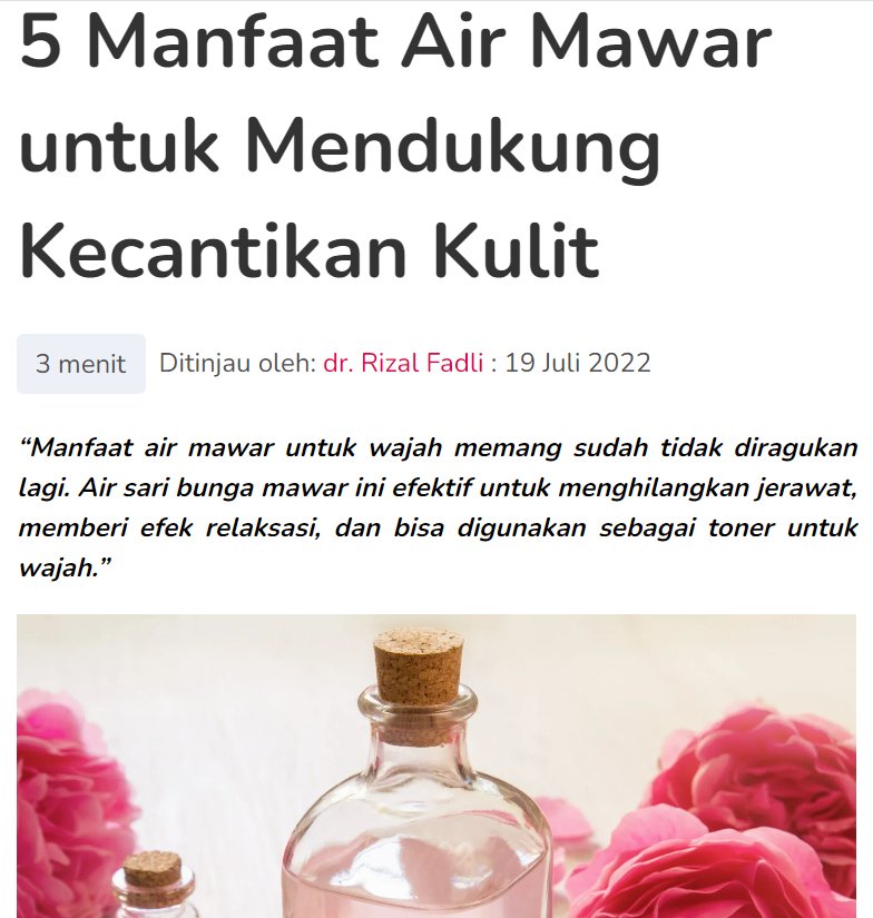 Gaiss, siapa sih di sini yang suka pake air mawar? 🌹
Ternyata air mawar memiliki kandungan antibakteri dan antiseptik, juga kaya akan vitamin A, E, dan C. Semuanya bekerja secara aktif untuk membantu menunjang kecantikan kulit. Tapi apa aja ya? 🧐