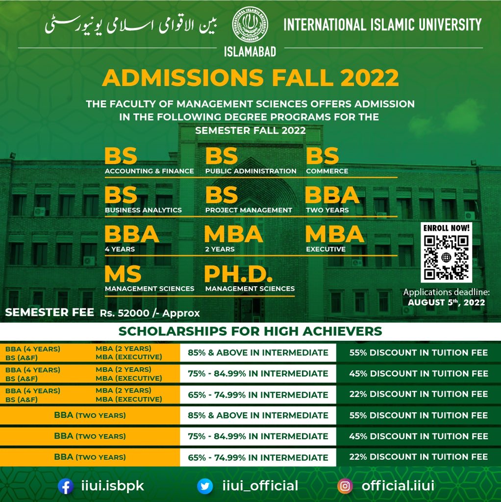 IIUI_OFFICIAL's tweet image. International Islamic University Islamabad is offering upto 55% off on tution fee.

📱Scan our QR code to Enroll or visit our website 
admission.iiu.edu.pk for further details.

#IIUI #AdmissionsOpen #Admissionsfall2022 #internationalislamicuniversity