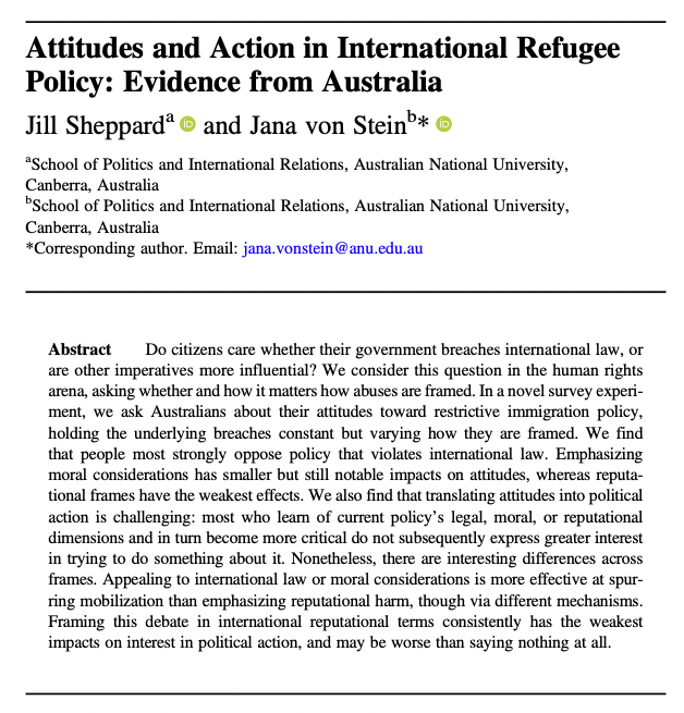 Australian Election Study (@auelectionstudy) on Twitter photo New <a href="/jillesheppard/">Jill Sheppard</a> & <a href="/jkvonstein/">Jana von Stein</a> refugee policy research in <a href="/IntOrgJournal/">International Organization</a>
Do citizens care whether their government breaches international law, or are other imperatives more influential? People most strongly oppose policy that violates international law. cambridge.org/core/journals/… New <a href="/jillesheppard/">Jill Sheppard</a> & <a href="/jkvonstein/">Jana von Stein</a> refugee policy research in <a href="/IntOrgJournal/">International Organization</a>
Do citizens care whether their government breaches international law, or are other imperatives more influential? People most strongly oppose policy that violates international law. cambridge.org/core/journals/…