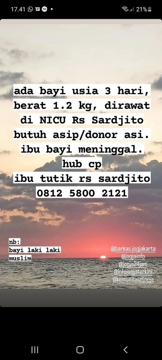 Izin share njih, butuh donor asi/asip untuk bayi muslim laki laki usia 3 hari, posisi di NICU RSUP Sardjito Yogyakarta, mohon bantuan share njih bapak ibu <a href="/BerandaJogja/">Beranda Jogja</a> <a href="/berandasleman_/">𝐈𝐆: 𝐛𝐞𝐫𝐚𝐧𝐝𝐚𝐬𝐥𝐞𝐦𝐚𝐧_</a> <a href="/pmi_diy/">PMI D.I. Yogyakarta</a> <a href="/IniSleman/">IG : @ini.sleman</a> <a href="/biskims/">Bismahakim</a> <a href="/javafoodie_/">Dadad Sesa</a> <a href="/afrkml/">Яizal do</a> <a href="/Sofianpalupi/">Sofian</a>
