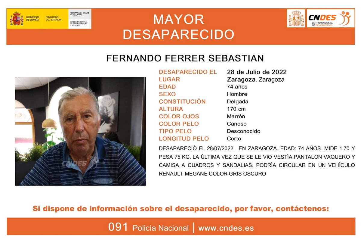El Centro Nacional de Desaparecidos #CNDES alerta de la desaparición de un hombre de 74 años en #Zaragoza desde este jueves. 

Si se conoce algún dato se ruega ponerse en contacto en el 091. 👇🏽

cartv.es/aragonnoticias…