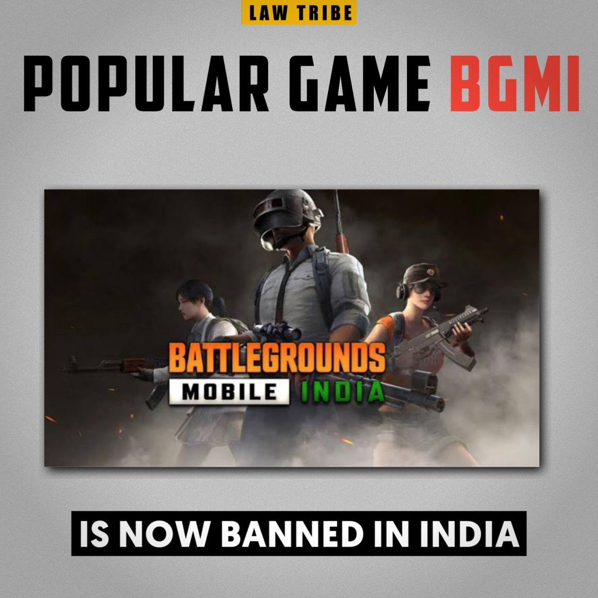 lawtribeoff's tweet photo. Battlegrounds Mobile India (#BGMI)--the popular game by Krafton which recently crossed 100 million users in India  has been pulled from the Google Play Store and Apple App Store

#bgmiban #bgmibanned #banned #india #privacy #lawtribe https://t.co/jKeLkJ9QpR