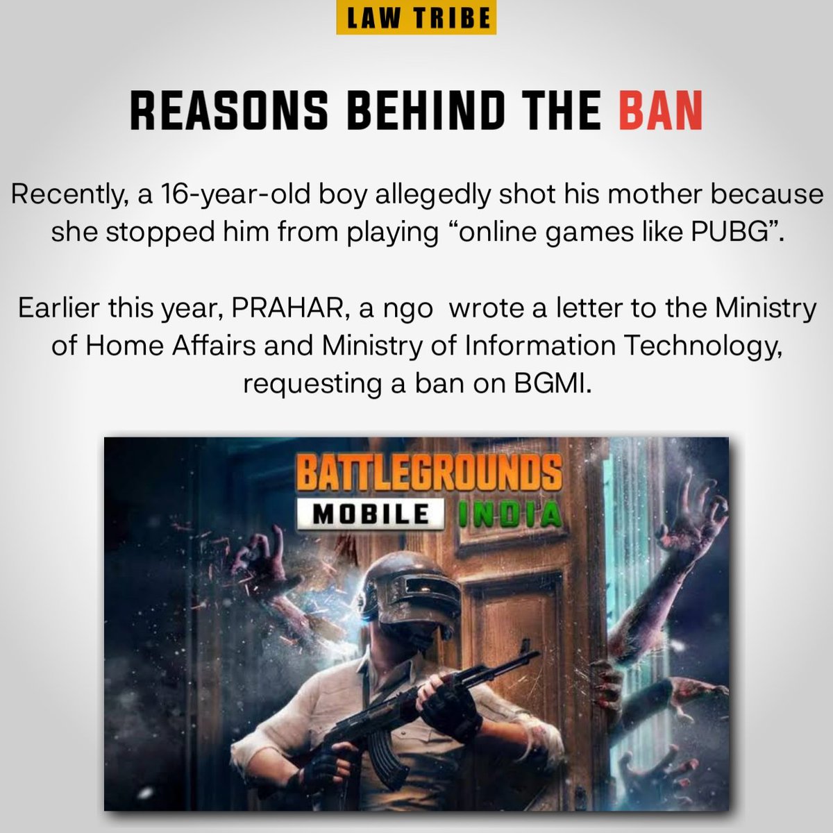 lawtribeoff's tweet photo. Battlegrounds Mobile India (#BGMI)--the popular game by Krafton which recently crossed 100 million users in India  has been pulled from the Google Play Store and Apple App Store

#bgmiban #bgmibanned #banned #india #privacy #lawtribe https://t.co/jKeLkJ9QpR