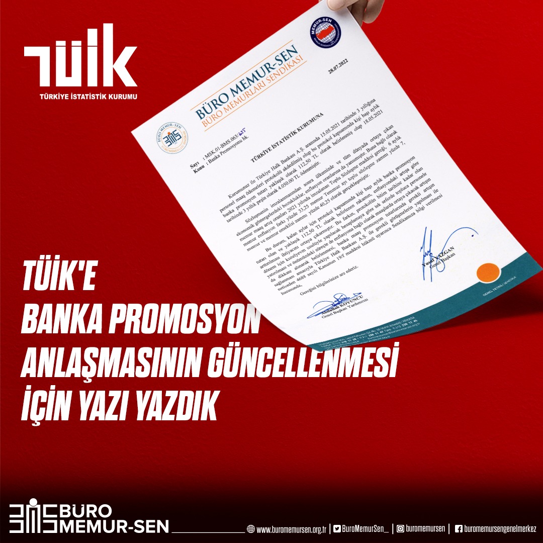 TÜİK'E BANKA PROMOSYON ANLAŞMASININ GÜNCELLENMESİ İÇİN YAZI YAZDIK

15 Mayıs 2021'de Halkbank ile yapılan promosyon anlaşmasının revize edilip, maaş artışı ve enflasyon farklarının da yansıtılarak güncellenmesi için Türkiye İstatistik Kurumu’na (<a href="/tuikbilgi/">tuik.gov.tr</a>) çağrıda bulunduk.