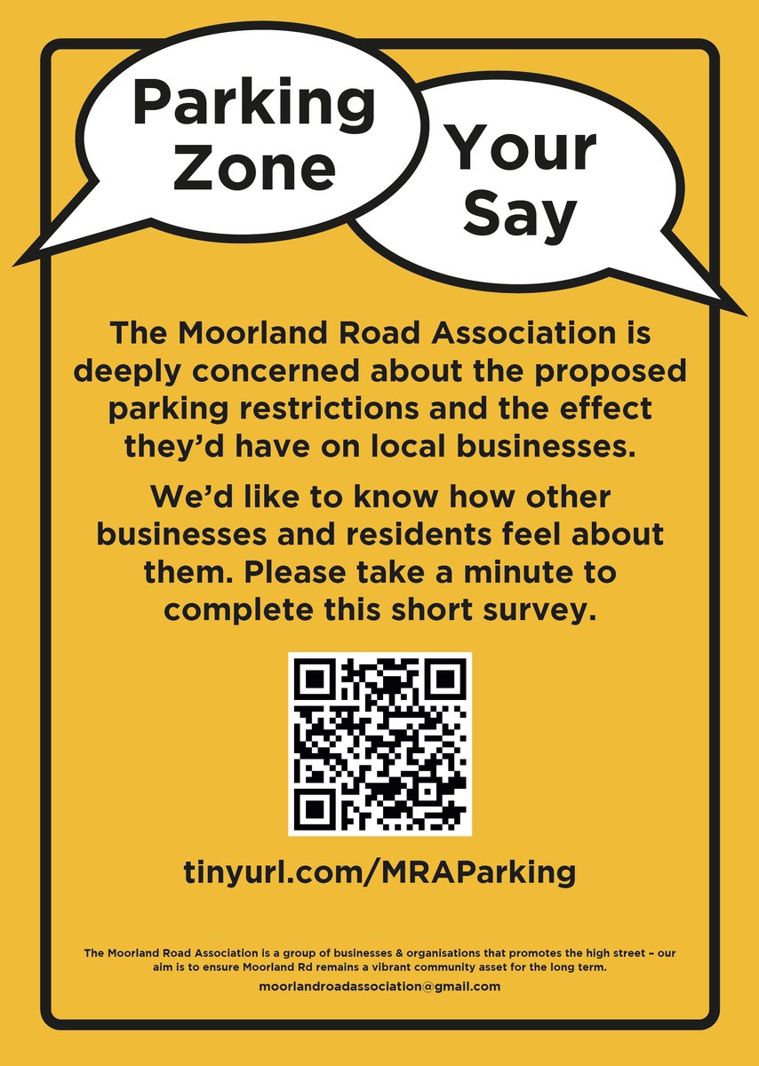 We're a group of businesses in the Moorland Rd area. We're concerned that the proposed parking scheme will damage our businesses &amp; high street.

We'd like to know what other people think. Tell us by completing this short survey at tinyurl.com/MRAParking 

<a href="/bathlive/">Bath Live</a> <a href="/WeLoveBath/">Love Bath</a>