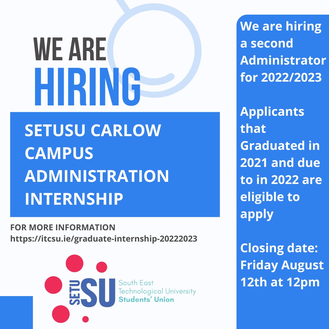 SETUSU Carlow Campus (@setusu_cw) on Twitter photo ⚠️We are currently recruiting a second Administrator to join the 2022/2023 team. Closing date Friday August 12th at 12pm. Any questions please do drop us a message 👍 ⚠️We are currently recruiting a second Administrator to join the 2022/2023 team. Closing date Friday August 12th at 12pm. Any questions please do drop us a message 👍