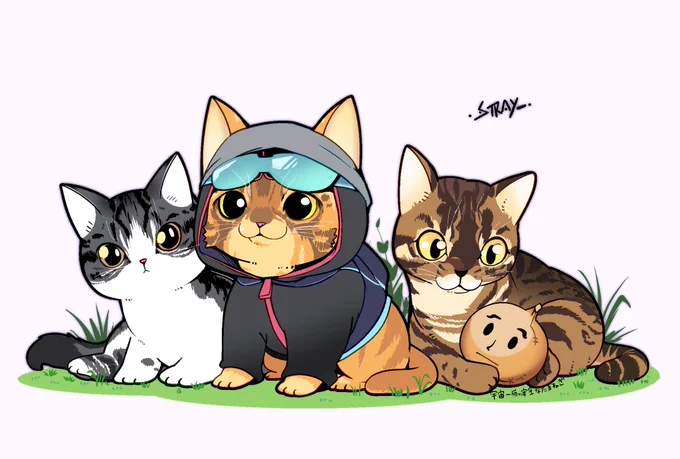 猫好きだから『Stray』めっちゃ楽しみで、自分が初見プレイやった後にすぐえおちゃんねるのStray実況見てる。やりながらなので見るペースはゆっくりになっちゃうけど、えおえおさんが真っ先にプレイしてくれてすごい嬉しいせっかくなので可愛い猫ちゃん2匹もお借りしてファンアート! #えおアート 