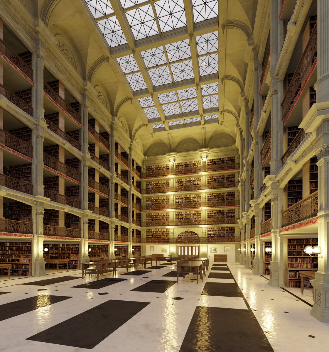 ogusa0210's tweet photo. ジョージ・ピーボディ図書館というアメリカにある図書館をblenderで作りました。

#b3d #blender #Blender3d #3d #3DCG 
#blender初心者 https://t.co/pHFZj8GI92