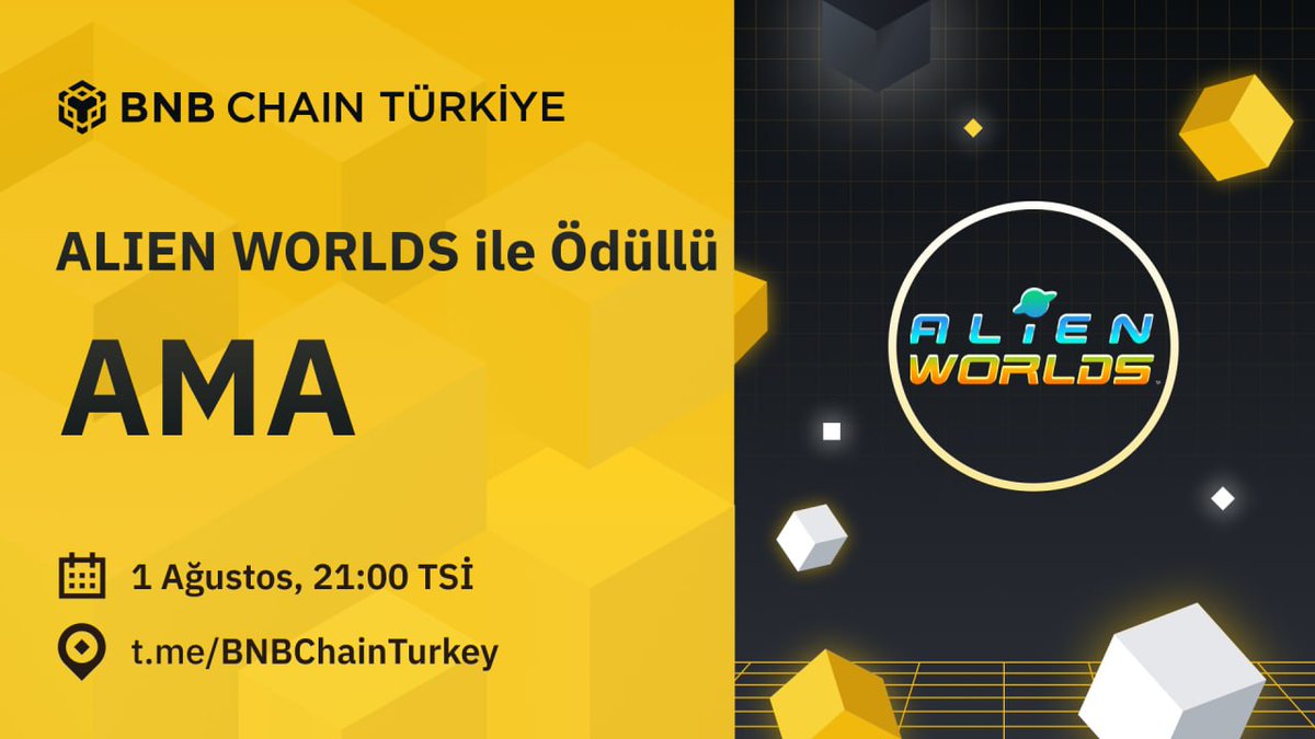 Sıradaki AMA konuğumuz <a href="/AlienWorlds/">Alien Worlds Official</a> ile 1 Ağustos'ta buluşuyoruz. Proje hakkında daha fazla bilgi almak ve ödül kazanma şansı elde etmek için bize katılın!

Hatırlatıcılarınızı ayarlamayı unutmayın!

🗓️1 Ağustos, Pazartesi
⏰21:00 TSİ
👉 t.me/BNBChainTurkey