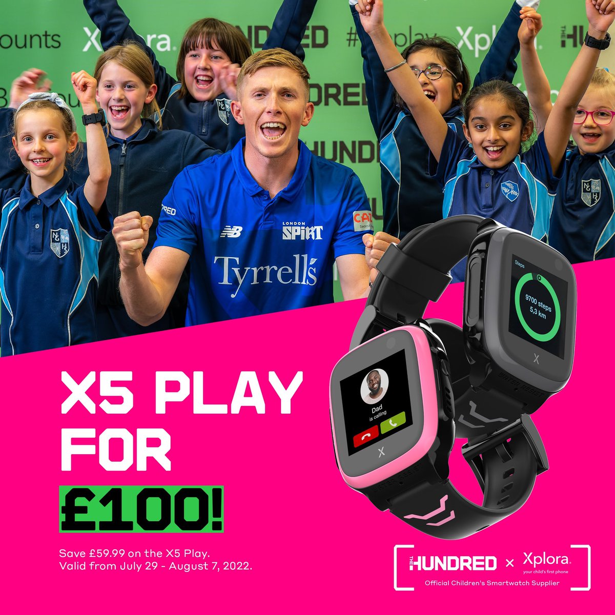 XploraUK's tweet photo. THE HUNDRED SPCIAL OFFER 🏏 The Xplora X5 Play is now just £100! That's a saving of £59.99! 🤩 
Be quick, this offer is only available until 7th August! Let's go! 🏏  #Xplora #TheHundred #Goplay #EveryBallCounts @thehundred https://t.co/qyGD38bQ6K
