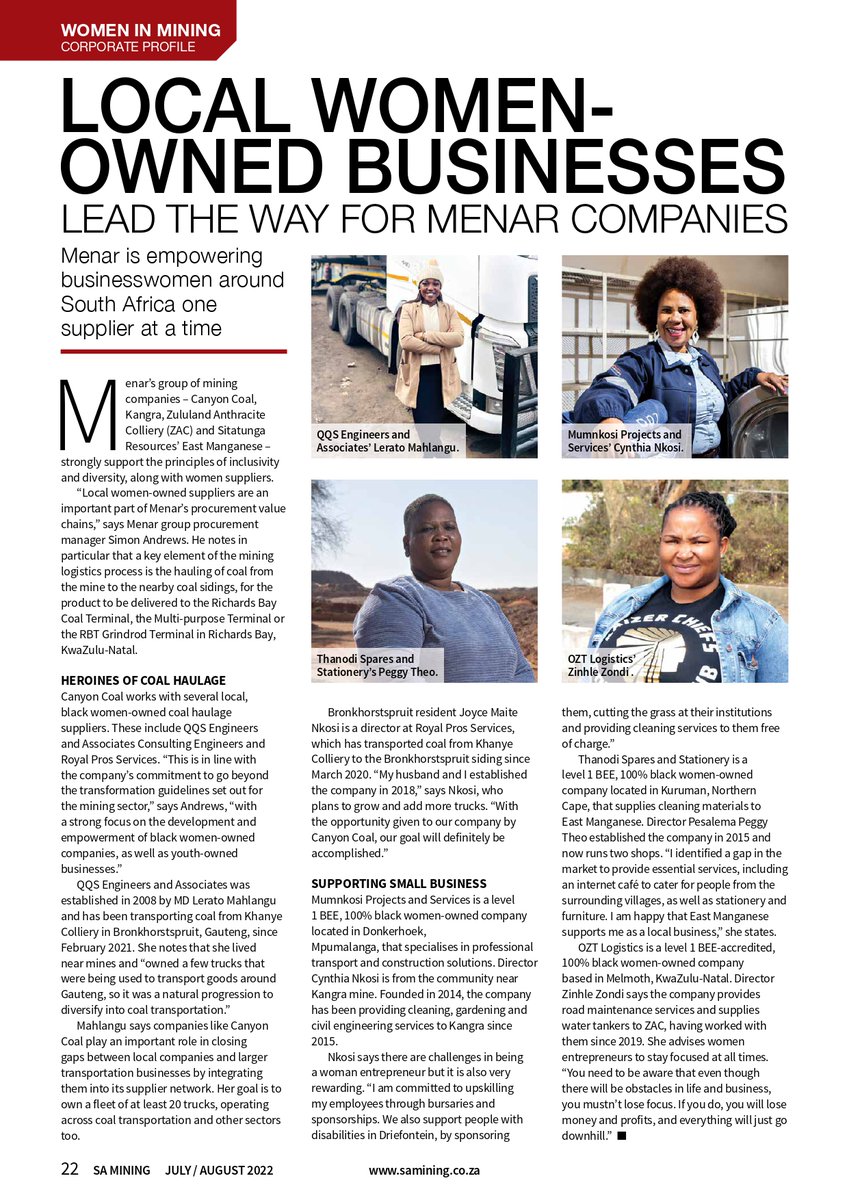 #menar is empowering businesswomen around South Africa one supplier at a time at its #canyoncoal #kangra #sitatunga’s #eastmanganese and #ZAC operations reports <a href="/BMMagazines/">BMM</a>. “Local women-owned suppliers are an important part of #menar's procurement value chains."